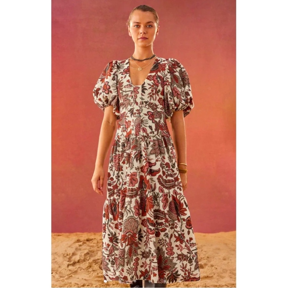 SHONA JOY Catalina Plunged Puff Sleeve Midi Floral Dress